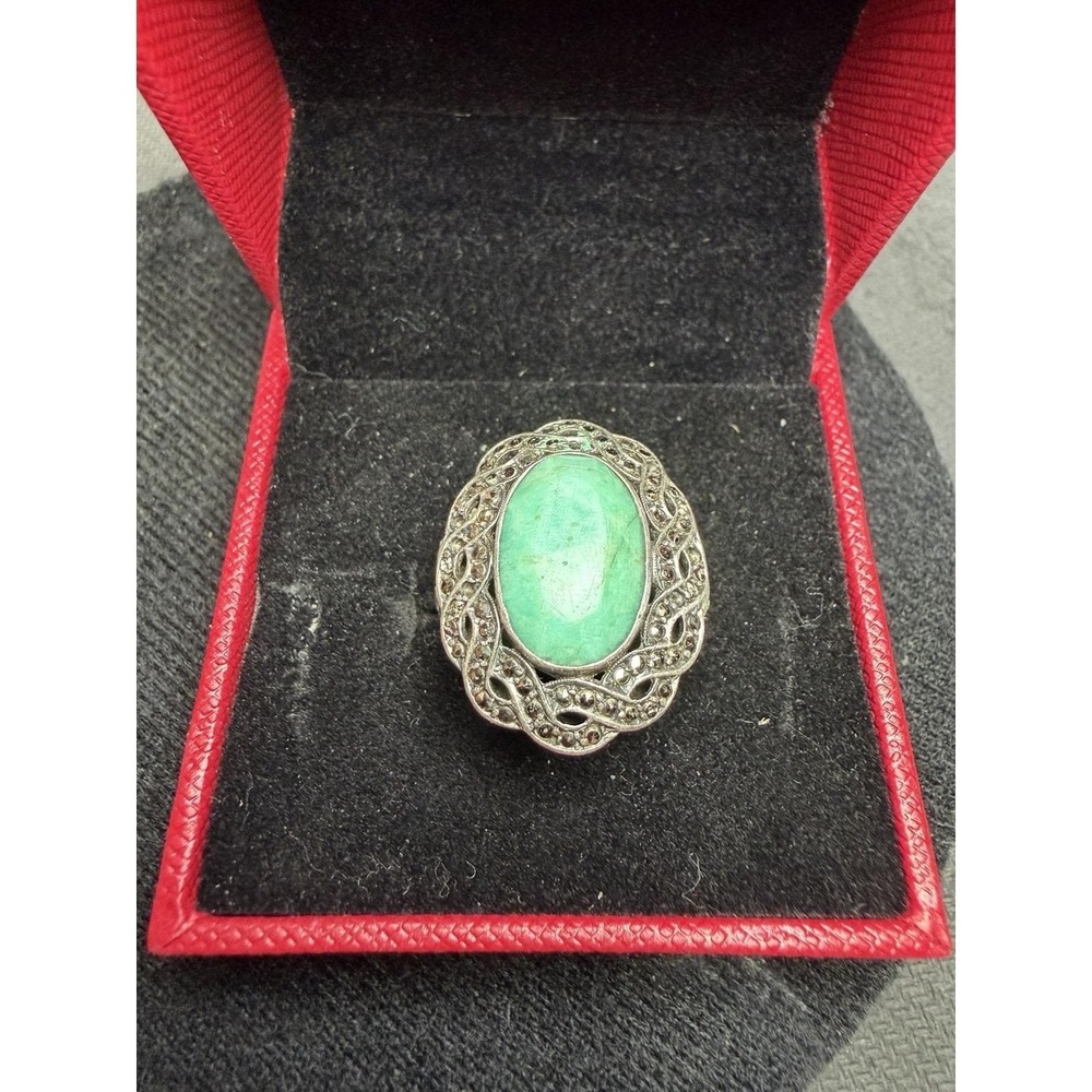 Vintage 925 Sterling Silver Marcasite Green Stone Ring Adjustable Size 7